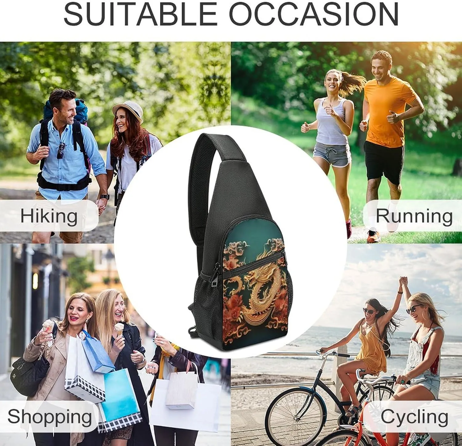 Small Sling Chest Bag Crossbody Bag for Men Women,Dragon Chinese Background Lightweight Gym Daypack for Travel Cycling Hiking