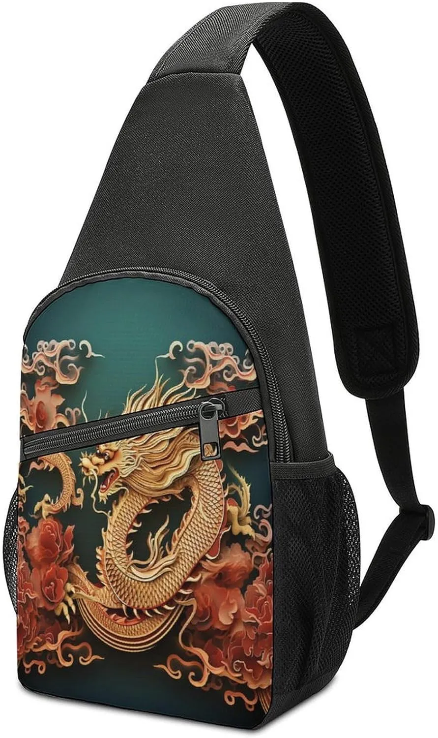 Small Sling Chest Bag Crossbody Bag for Men Women,Dragon Chinese Background Lightweight Gym Daypack for Travel Cycling Hiking