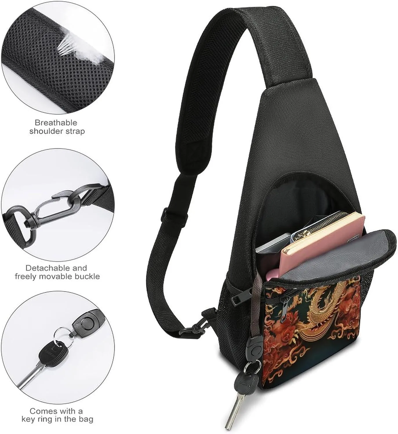 Small Sling Chest Bag Crossbody Bag for Men Women,Dragon Chinese Background Lightweight Gym Daypack for Travel Cycling Hiking