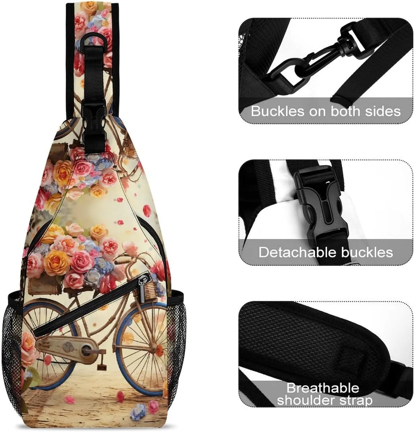 Small Sling Chest Bag Crossbody Bag for Men Women,Flower Bicycle Lightweight Gym Daypack for Travel Cycling Hiking