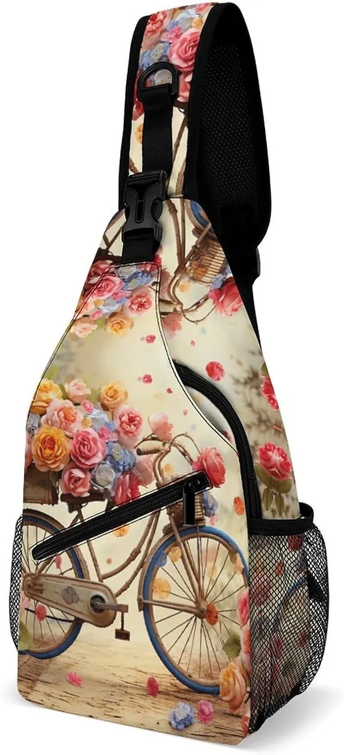 Small Sling Chest Bag Crossbody Bag for Men Women,Flower Bicycle Lightweight Gym Daypack for Travel Cycling Hiking