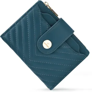 Small Wallet for Women Leather Bifold RFID Blocking Card Holder Wallet Compact Card Wallet Woman with Zipper Coin Pocket (Quilted, Blue-green)