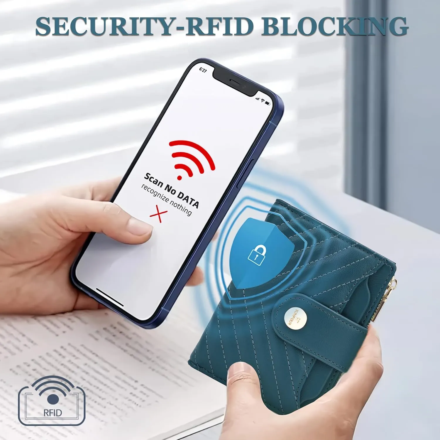 Small Wallet for Women Leather Bifold RFID Blocking Card Holder Wallet Compact Card Wallet Woman with Zipper Coin Pocket (Quilted, Blue-green)