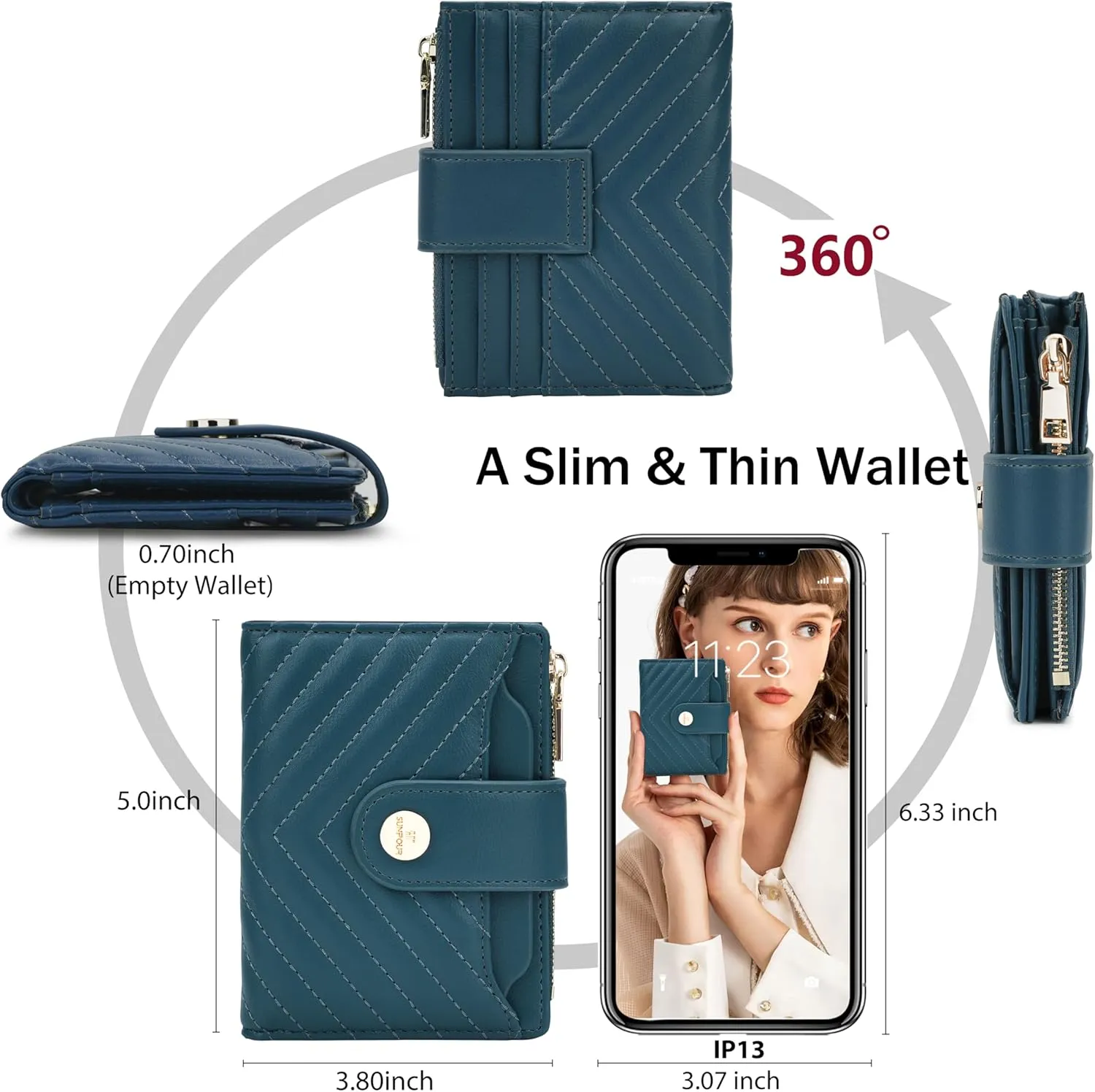 Small Wallet for Women Leather Bifold RFID Blocking Card Holder Wallet Compact Card Wallet Woman with Zipper Coin Pocket (Quilted, Blue-green)