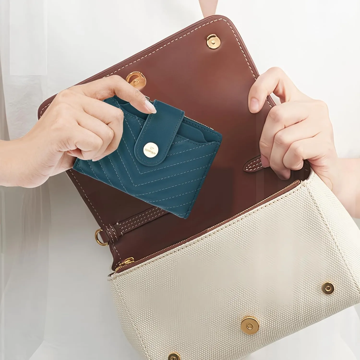 Small Wallet for Women Leather Bifold RFID Blocking Card Holder Wallet Compact Card Wallet Woman with Zipper Coin Pocket (Quilted, Blue-green)