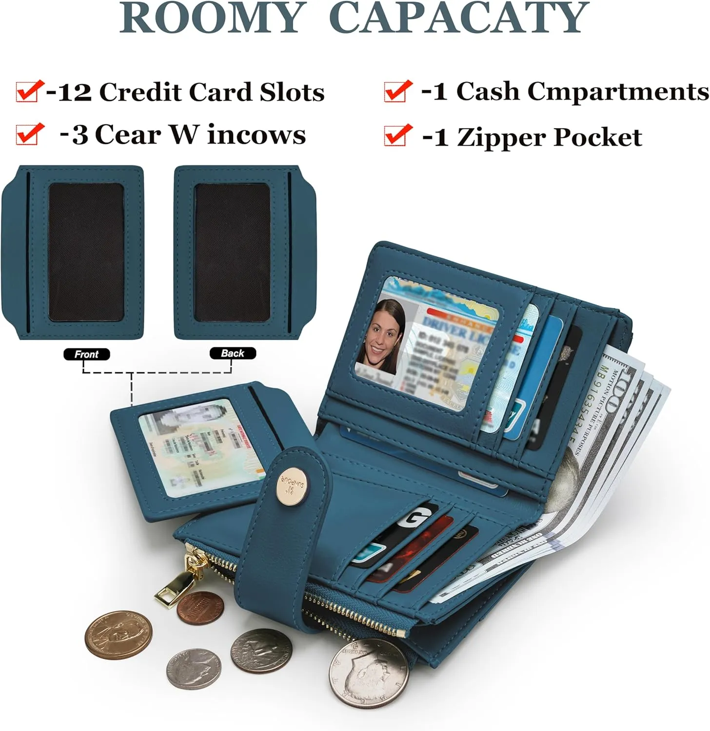 Small Wallet for Women Leather Bifold RFID Blocking Card Holder Wallet Compact Card Wallet Woman with Zipper Coin Pocket (Quilted, Blue-green)