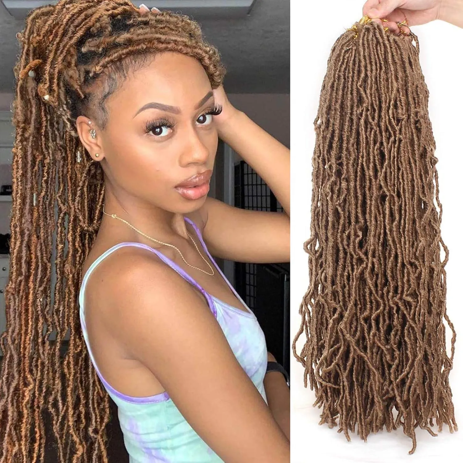 Soft Locs Crochet Hair 18Inch 6 Packs Faux Locs Crochet Hair Pre Looped Gold Brown Color Synthetic Hair Extension for Women(18Inch 6packs, 27#)