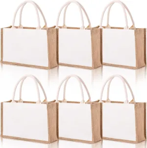 SOUJOY 6 Pack Burlap Tote Bags, Reusable Jute Gift Totes with Handles, Water Resistant Beach Bag, 14.7'' x 9.8'' x 4.5'' Canvas Grocery Shopping Totes for Bridesmaid, DIY, Shopping, Wedding