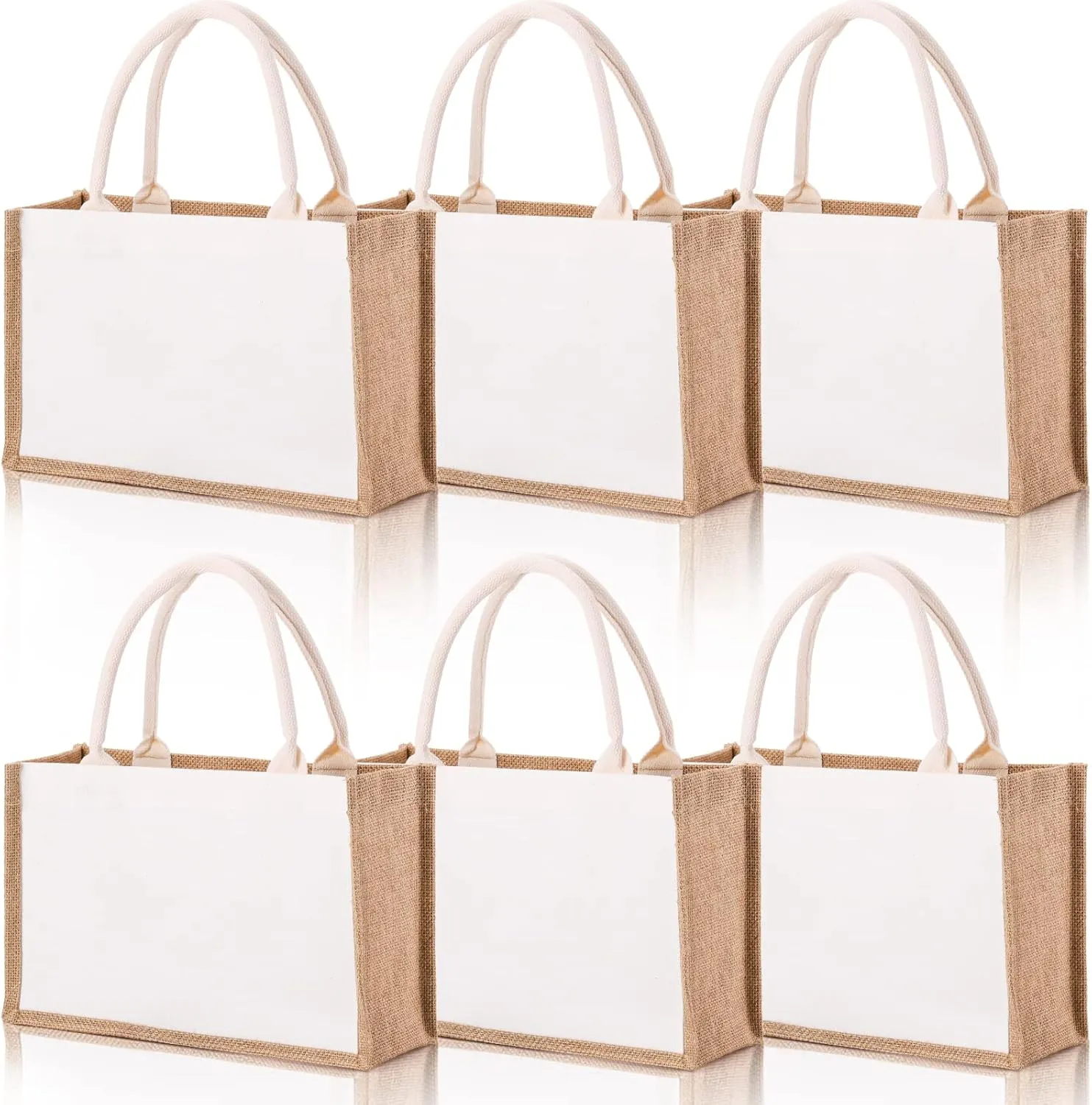 SOUJOY 6 Pack Burlap Tote Bags, Reusable Jute Gift Totes with Handles, Water Resistant Beach Bag, 14.7'' x 9.8'' x 4.5'' Canvas Grocery Shopping Totes for Bridesmaid, DIY, Shopping, Wedding