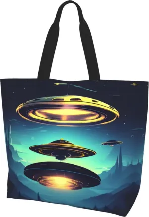Spacecraft descend Large one-shoulder shopping bag, women's one-shoulder casual handbag, reusable multi-purpose shopping bag