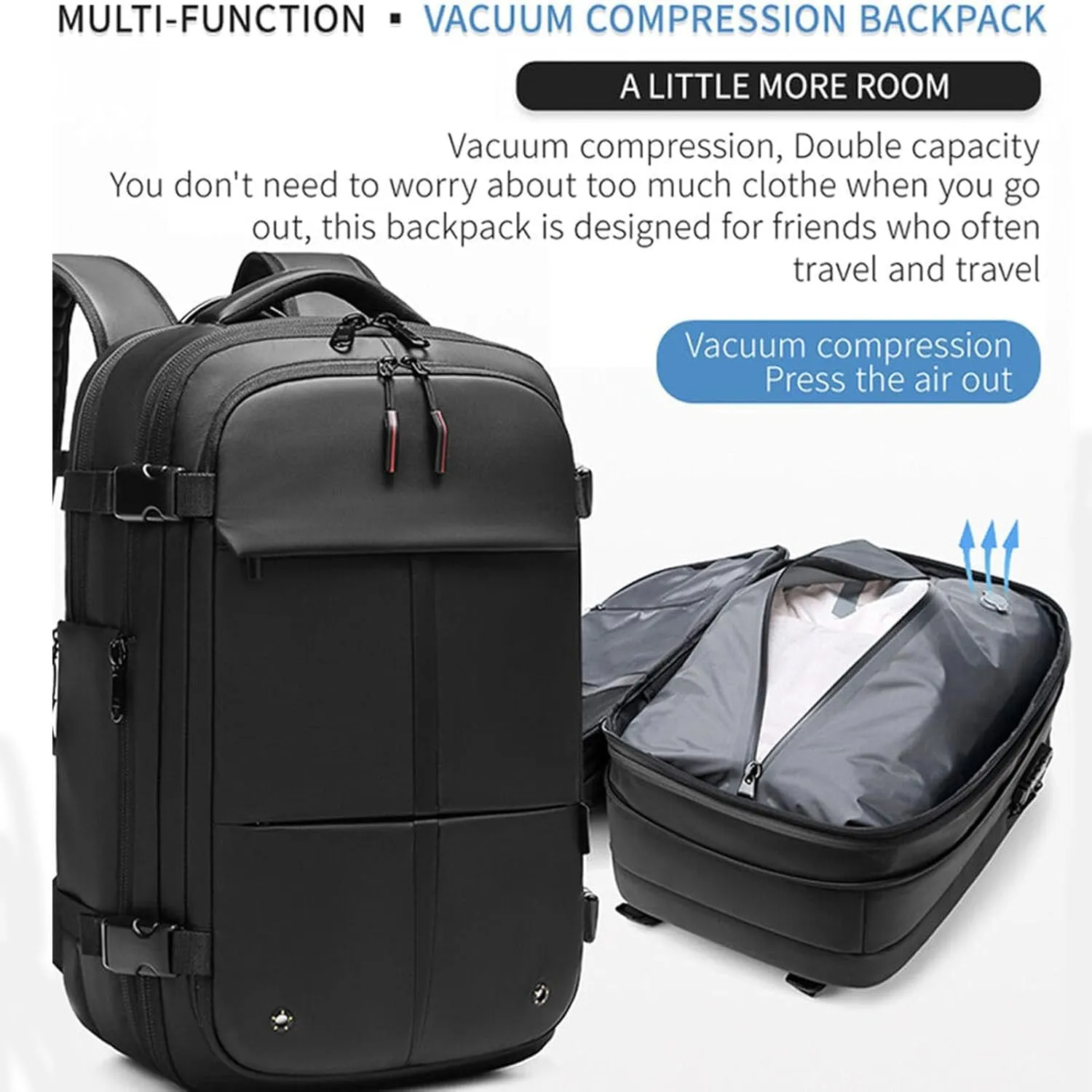 SpaceVac Backpack, Space Vac Travel Vacuum Bags, 60l Expandable Backpack, Water Resistant, Anti Theft, with Electric Air Pump (Classic-Blue)