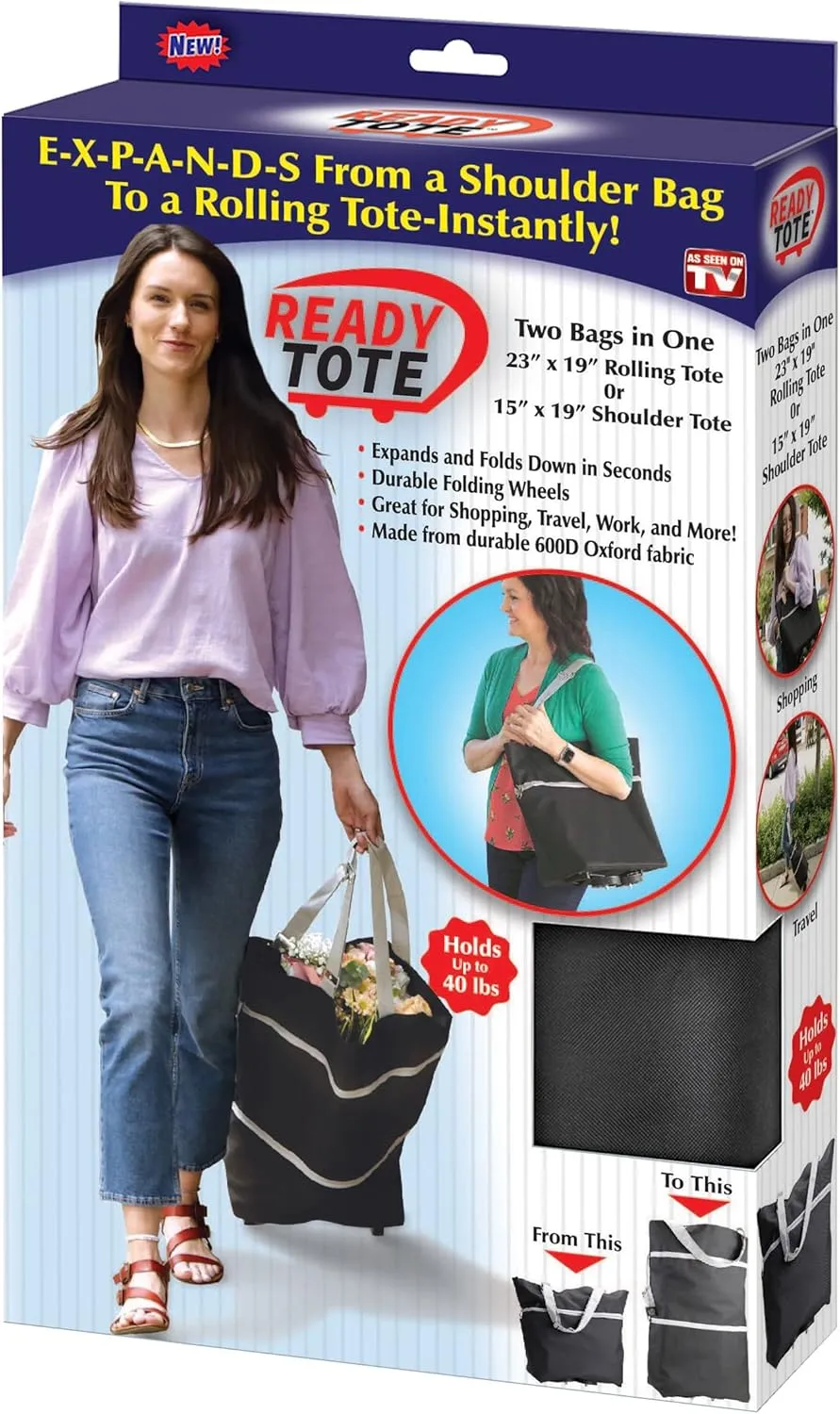 Spark Innovators Ready Tote - Expandable Tote Bag w/Wheels - As Seen on TV - Reusable Trolley Bag - Great for Grocery, Shopping, Travel, Expanding Wheeled Tote Bag for Groceries