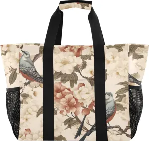 Sparrow Flowers White Tote Bag for Women with Zipper Large Beach Bags Foldable Work Bag Totes Handbags for Travel Pool Gym Grocery