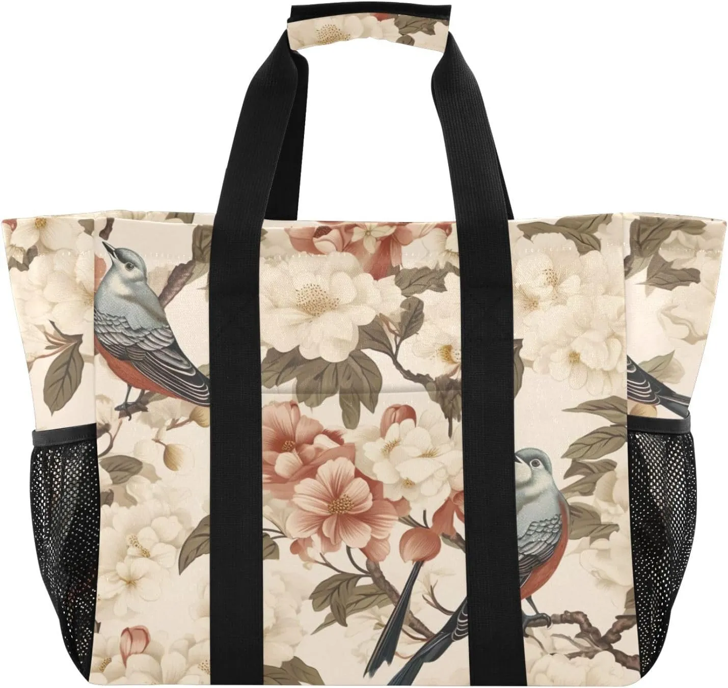 Sparrow Flowers White Tote Bag for Women with Zipper Large Beach Bags Foldable Work Bag Totes Handbags for Travel Pool Gym Grocery