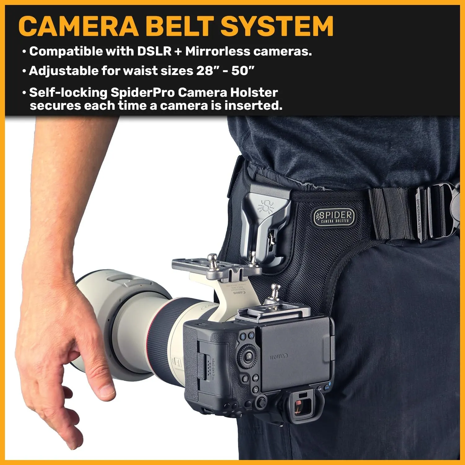 Spider Holster – SpiderPro Mirrorless Dual Camera System v2 for Carrying Two Professional Cameras and Heavy Gear Featuring Belt with Built-in Self-Locking Camera Holsters for Quick-Draw Camera Access