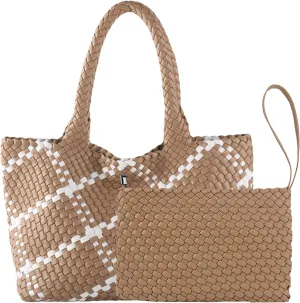 SporGenius Woven Tote Bag for Women, Vegan Leather Beach Bags with Small Purse, Large Travel Top Handle Handbags