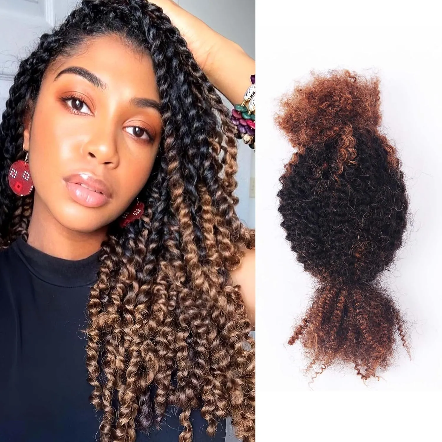 Spring Twist Bulk Human Hair for Crochet, Spring Twists, Passion Twists, Butterfly Locs and Mini Twists, 100% Afro Kinkys Bulk Human Hair Ombre Color (#30/1b/#30, 50g) (#30/1b/#30, 18 inches)