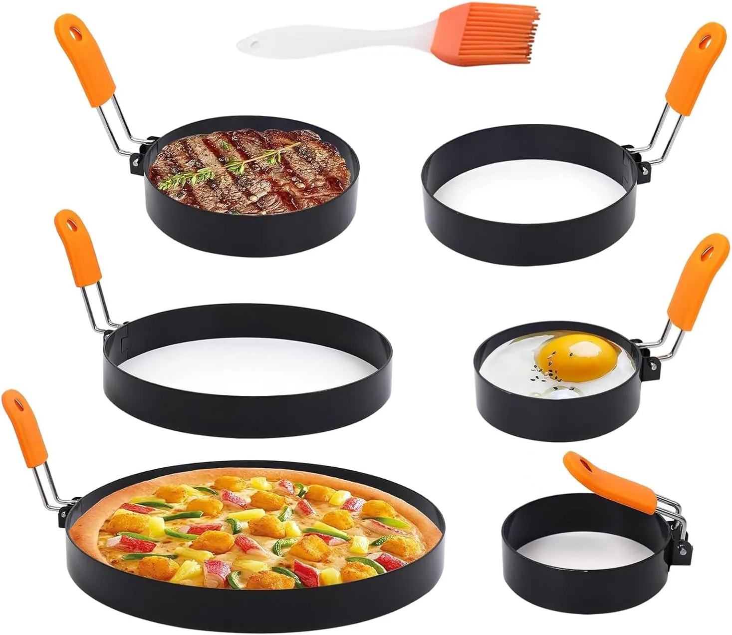 Srinlon Professional Pancake Ring Set,6 Packs Omelette Ring,Non-stick Griddle Pancake Mold with Oil Brush,Stainless Fried Egg Molds with Orange Anti-scald Silicone Handle