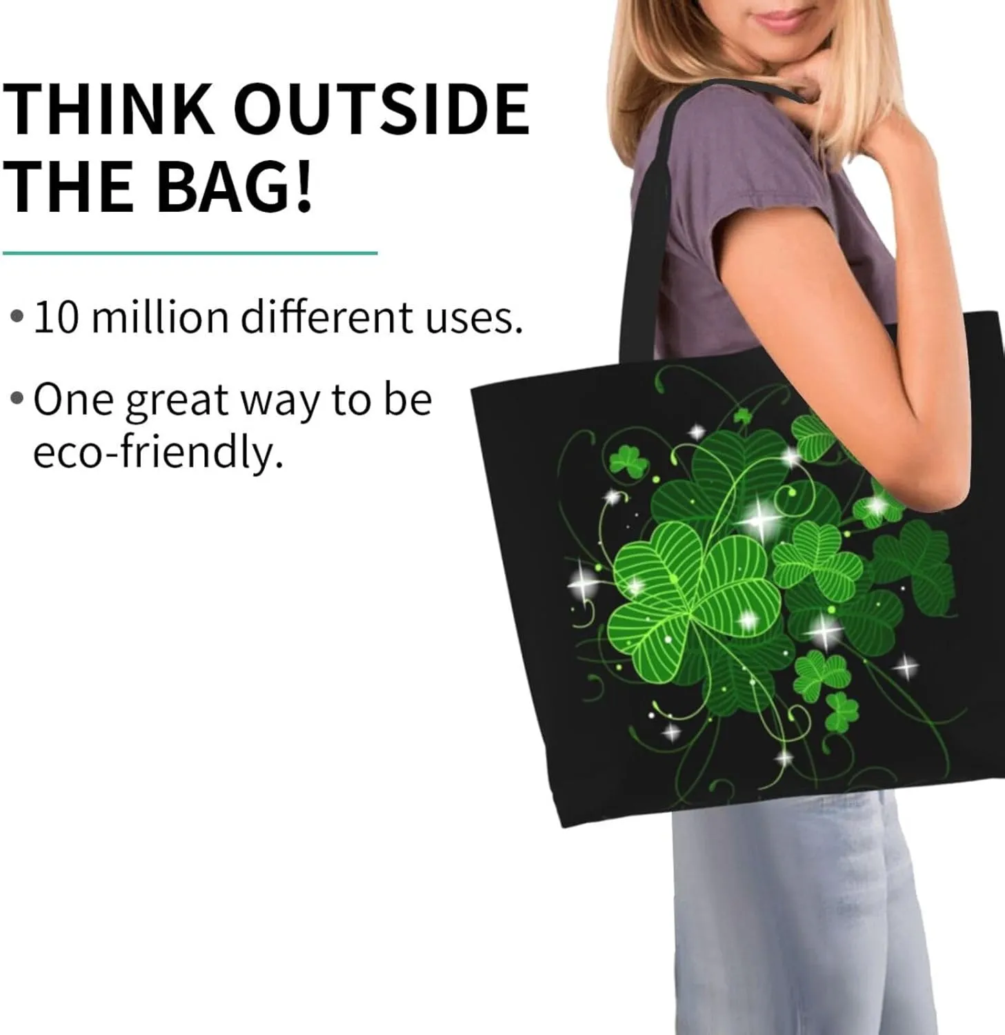 St. Patrick's Day Shamrock Clover Tote Grocery Bag Shoulder Casual Reusable Bag Large for Women Men