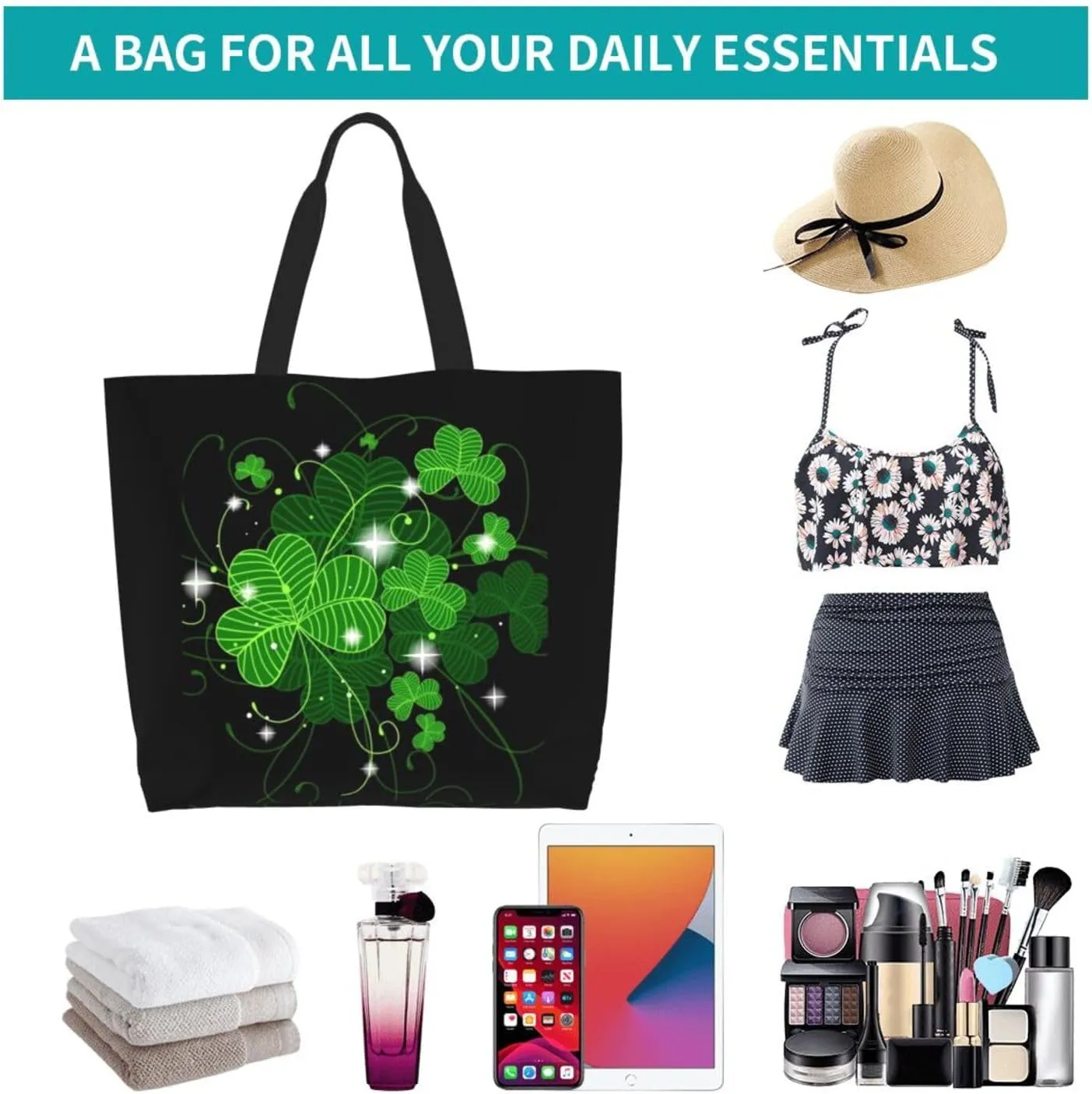 St. Patrick's Day Shamrock Clover Tote Grocery Bag Shoulder Casual Reusable Bag Large for Women Men