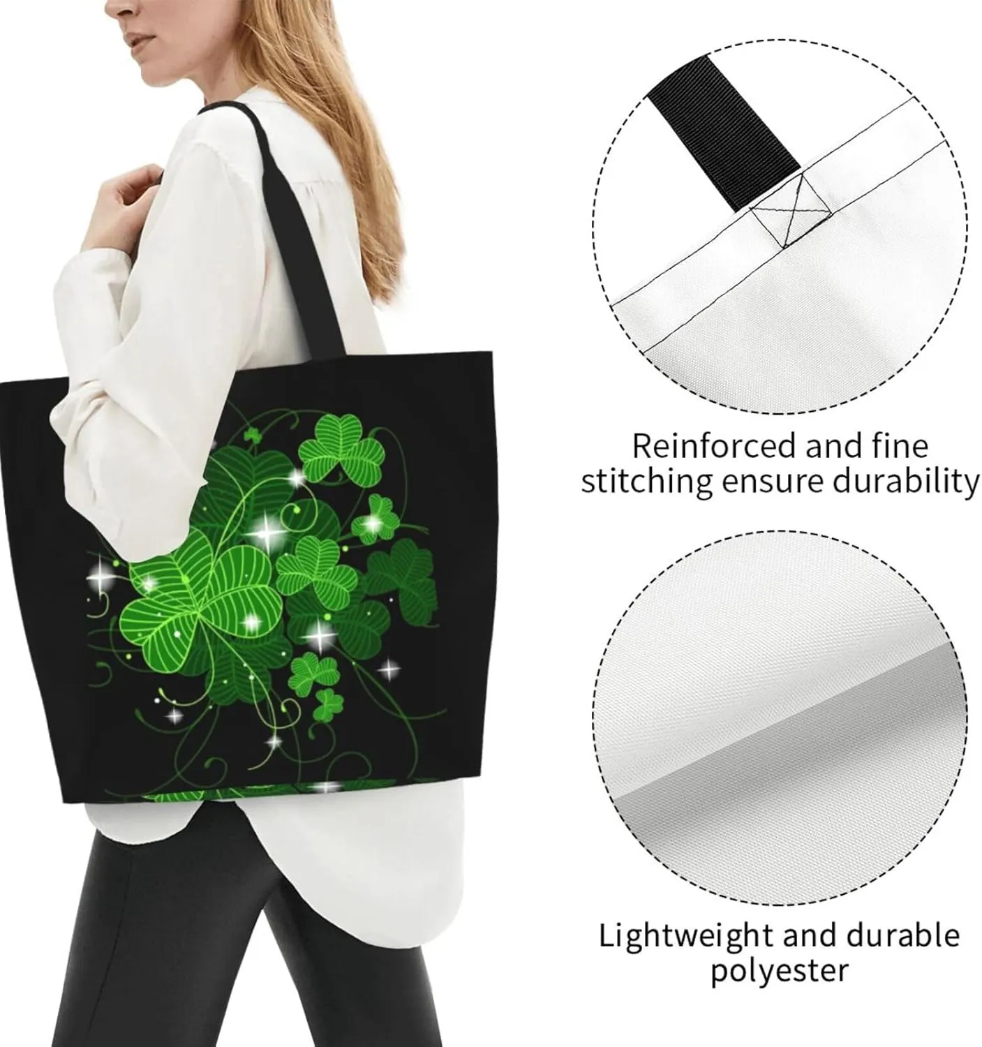 St. Patrick's Day Shamrock Clover Tote Grocery Bag Shoulder Casual Reusable Bag Large for Women Men