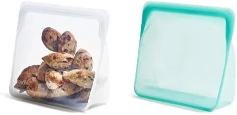 Stasher Silicone Reusable Storage Bag, 2-Pack Mega Stand-Up (Clear Aqua) | Food Meal Prep Storage Container | Lunch, Travel, Makeup, Gym Bag | Freezer, Oven, Microwave, Dishwasher Safe, Leakproof