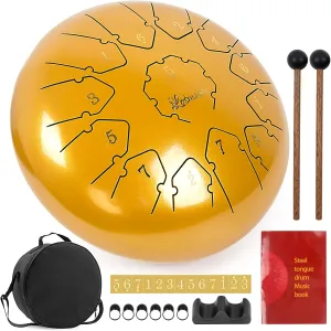 Steel Tongue Drum, lotmusic 13 Notes 12 Inches Percussion Instrument ，Tank Drum - Handpan Drum Kit - Drum Mallets Padded Travel Carry Bag Music Book and Finger Picks for Beginner Adult Kids，C Major