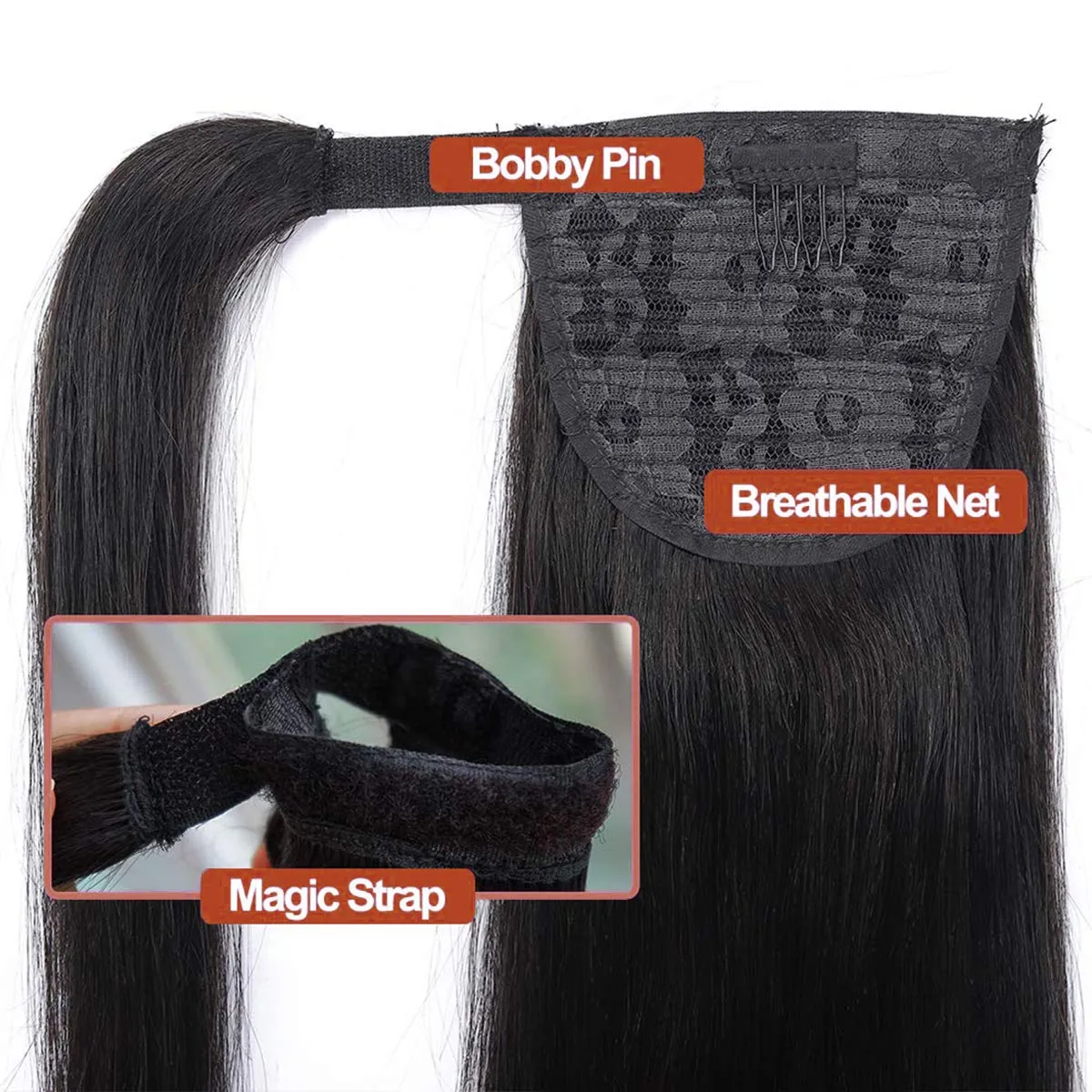 Straight Human Hair Ponytail Clip in Extensions 100% Unprocessed Brazilian Hair Magic Strap Wrap Around Ponytails Straight Human Hair Natural Color 16 Inch
