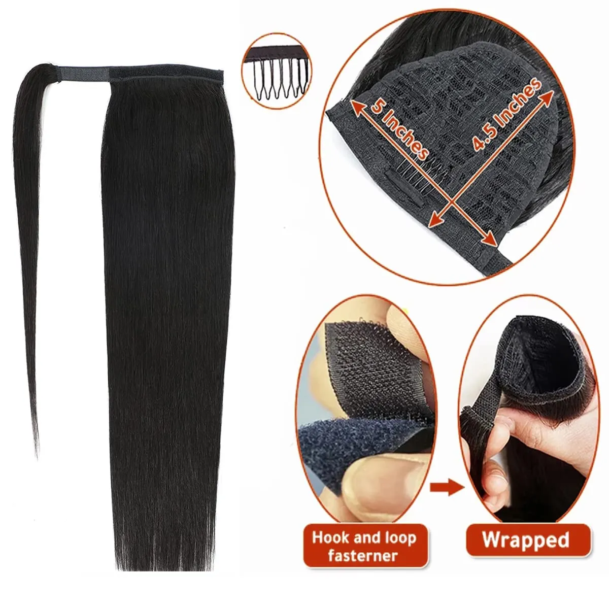 Straight Human Hair Ponytail Clip in Extensions 100% Unprocessed Brazilian Hair Magic Strap Wrap Around Ponytails Straight Human Hair Natural Color 16 Inch