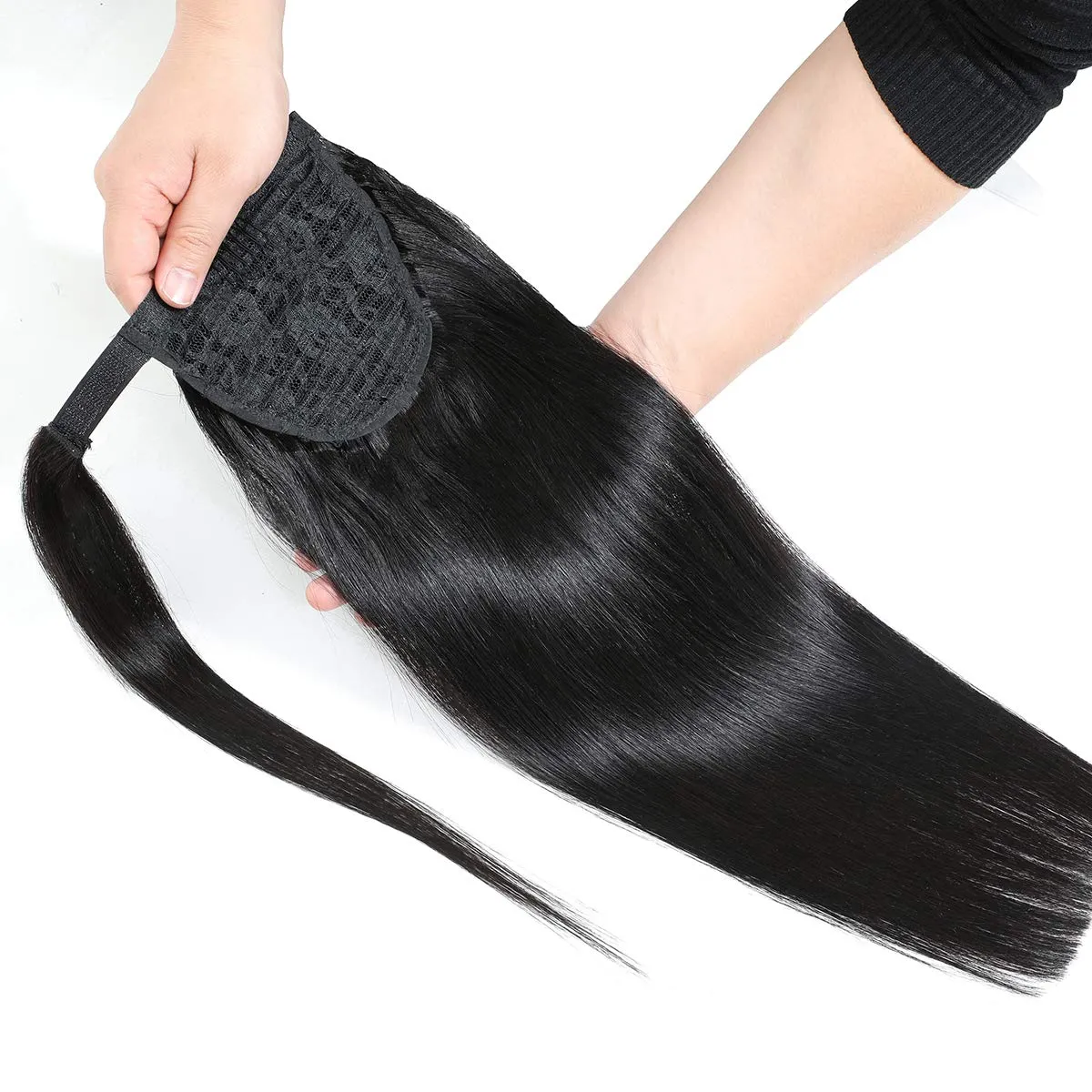 Straight Human Hair Ponytail Clip in Extensions 100% Unprocessed Brazilian Hair Magic Strap Wrap Around Ponytails Straight Human Hair Natural Color 16 Inch