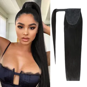 Straight Human Hair Ponytail Clip in Extensions 100% Unprocessed Brazilian Hair Magic Strap Wrap Around Ponytails Straight Human Hair Natural Color 16 Inch