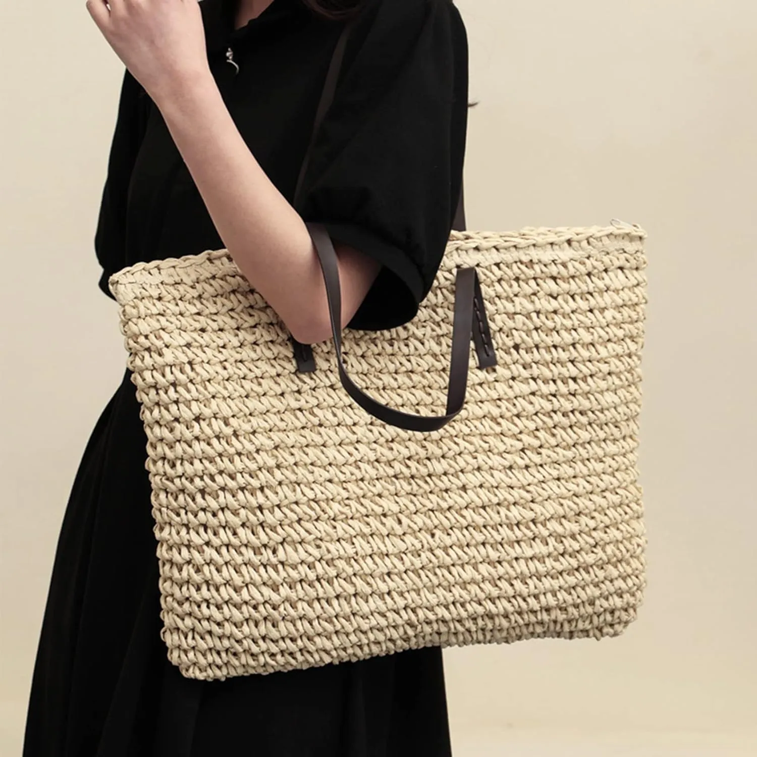 Straw Bag Women Straw Woven Tote Large Beach Handmade Weaving Shoulder Bag Handbag