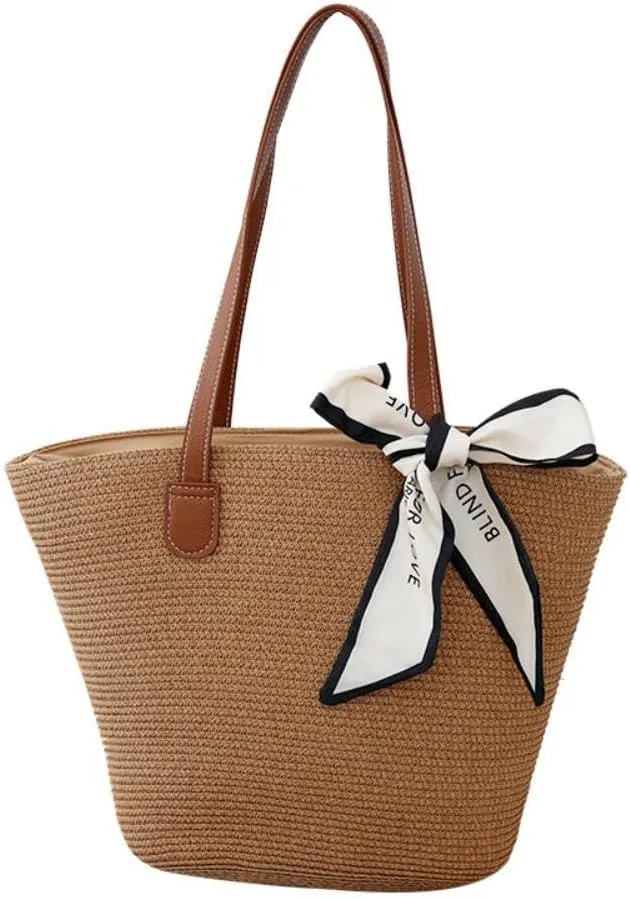 Straw Woven Tote Bag for Women Summer Beach Handbag Market Shopping Holiday Travel Shoulder Bag