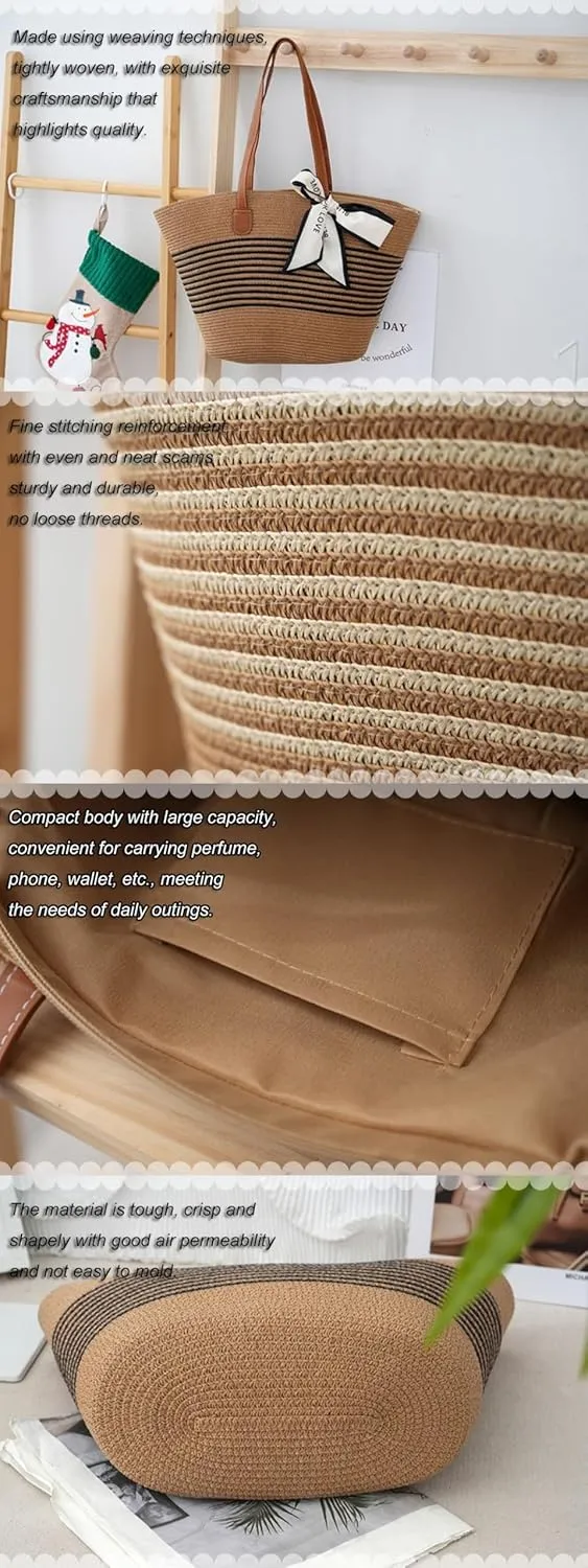 Straw Woven Tote Bag for Women Summer Beach Handbag Market Shopping Holiday Travel Shoulder Bag