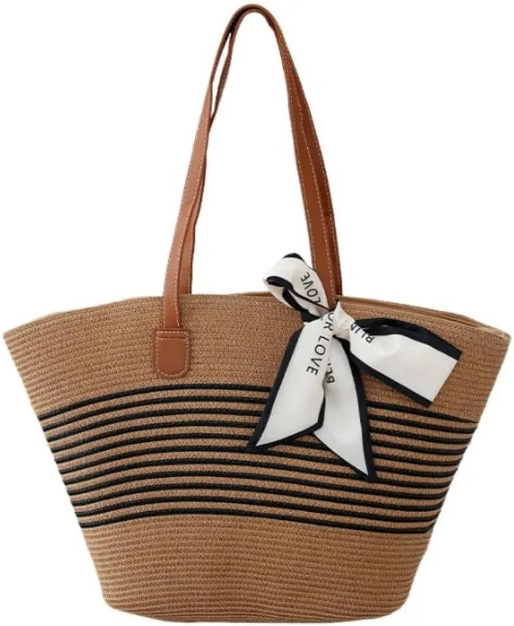Straw Woven Tote Bag for Women Summer Beach Handbag Market Shopping Holiday Travel Shoulder Bag