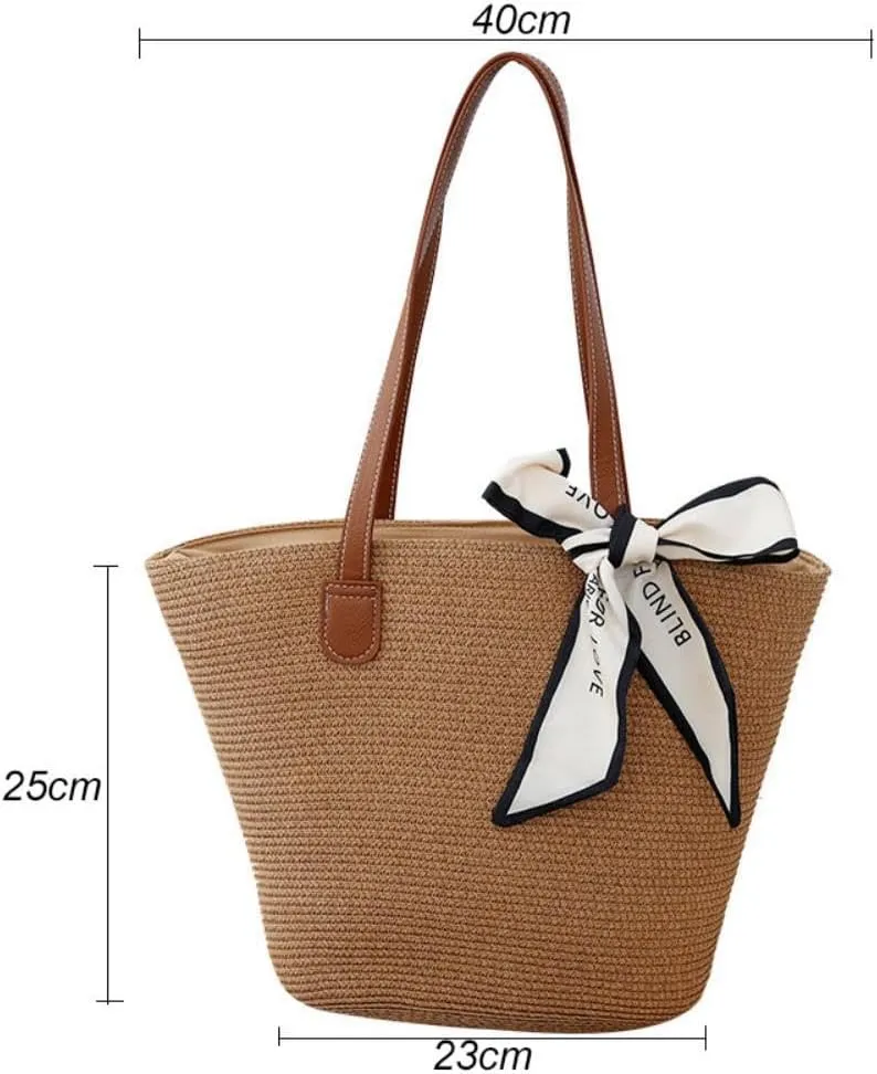 Straw Woven Tote Bag for Women Summer Beach Handbag Market Shopping Holiday Travel Shoulder Bag