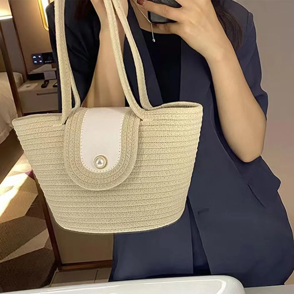 Straw Woven Tote Women Shoulder Bag Satchel Retro Handmade Handbag Large Capacity Purse Summer Beach Travel Daily Totes Beige