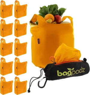 Sturdy Reusable Grocery Bags Foldable and Washable - Made From RipStop Nylon Hold 50lbs - Designed in USA Reusable Shopping Bags Inside a Compact Pod with Carry Clip - 10 Pack in Orange