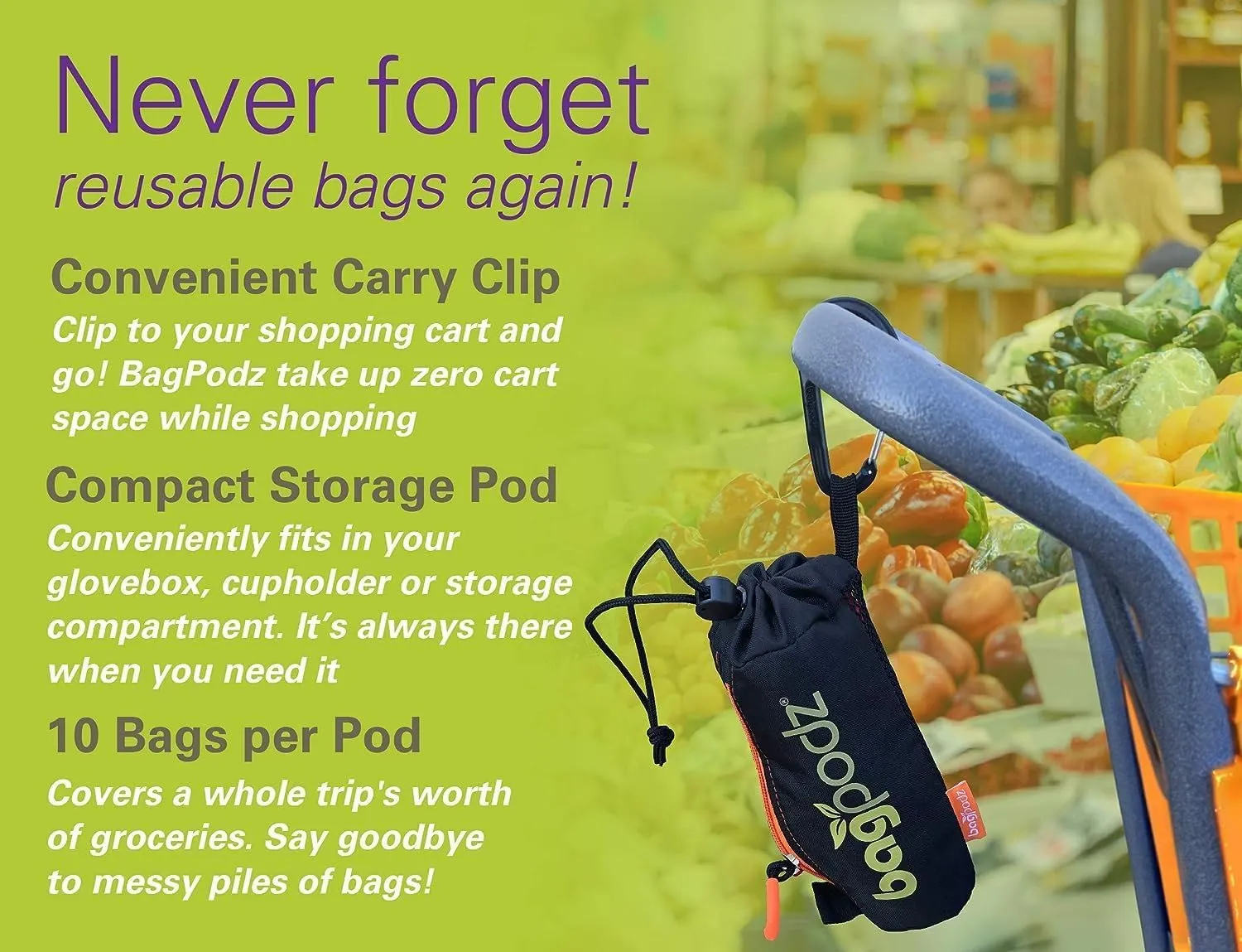Sturdy Reusable Grocery Bags Foldable and Washable - Made From RipStop Nylon Hold 50lbs - Designed in USA Reusable Shopping Bags Inside a Compact Pod with Carry Clip - 10 Pack in Orange