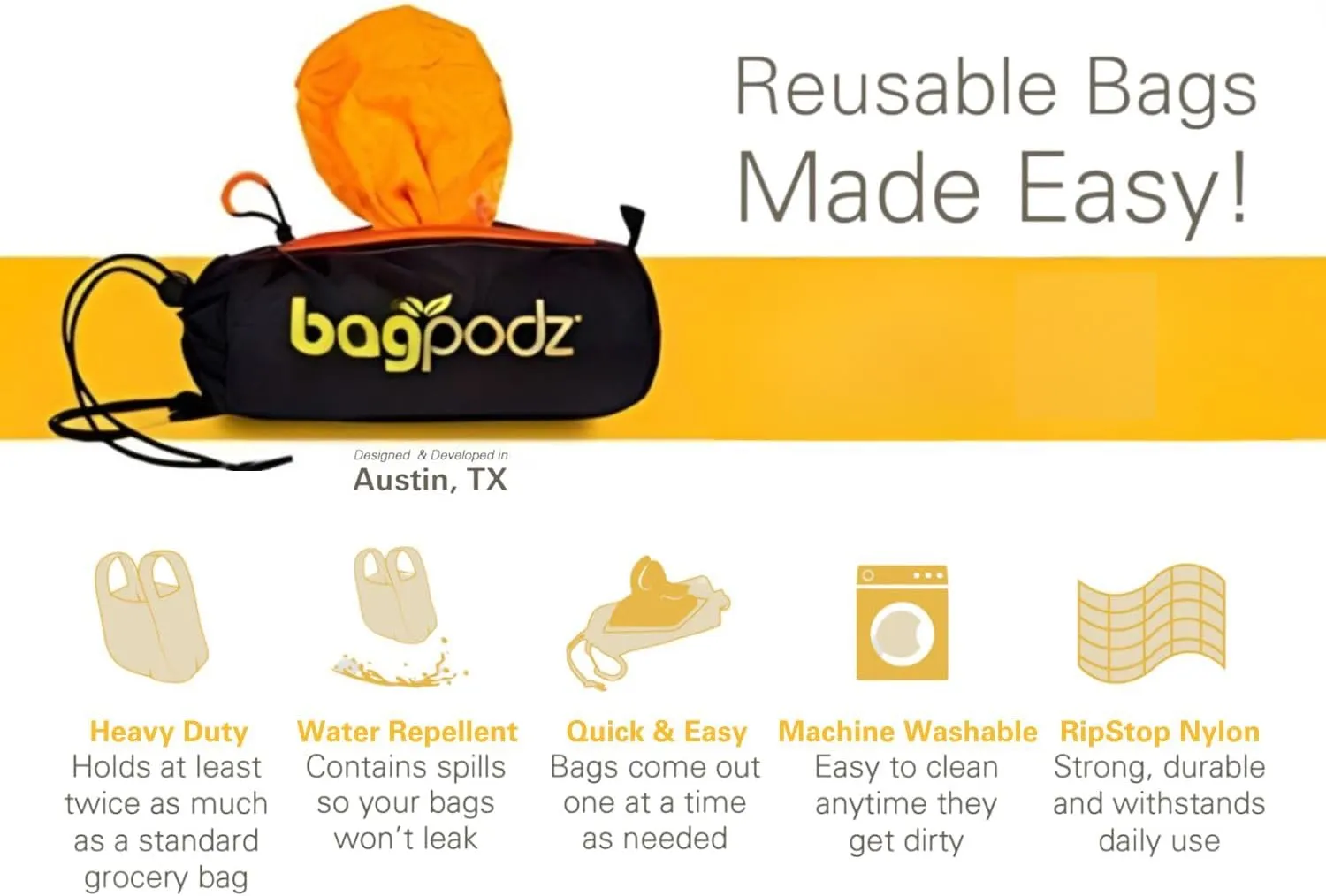 Sturdy Reusable Grocery Bags Foldable and Washable - Made From RipStop Nylon Hold 50lbs - Designed in USA Reusable Shopping Bags Inside a Compact Pod with Carry Clip - 10 Pack in Orange