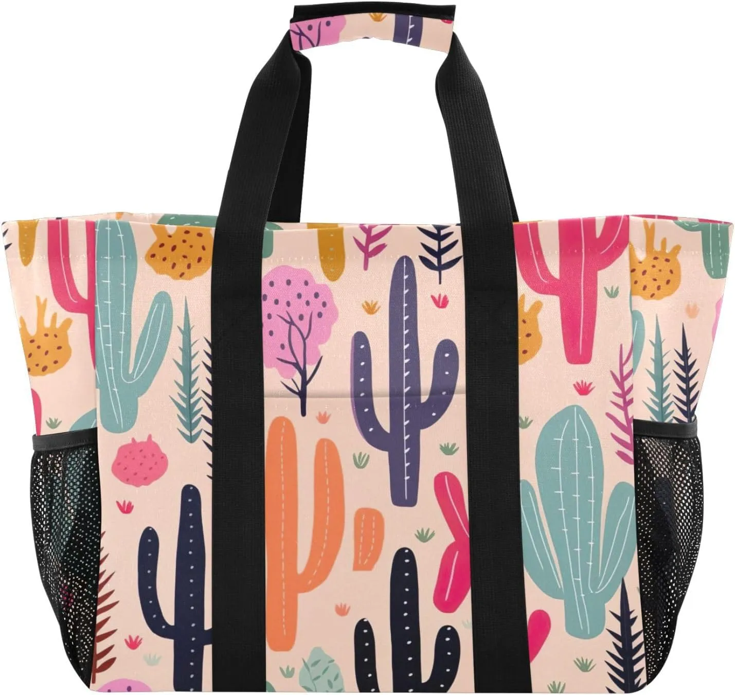 Succulents Cactus Flower Colorful Tote Bag for Women with Zipper Large Beach Bags Foldable Totes Handbags Work Bag for Grocery Travel Pool Gym