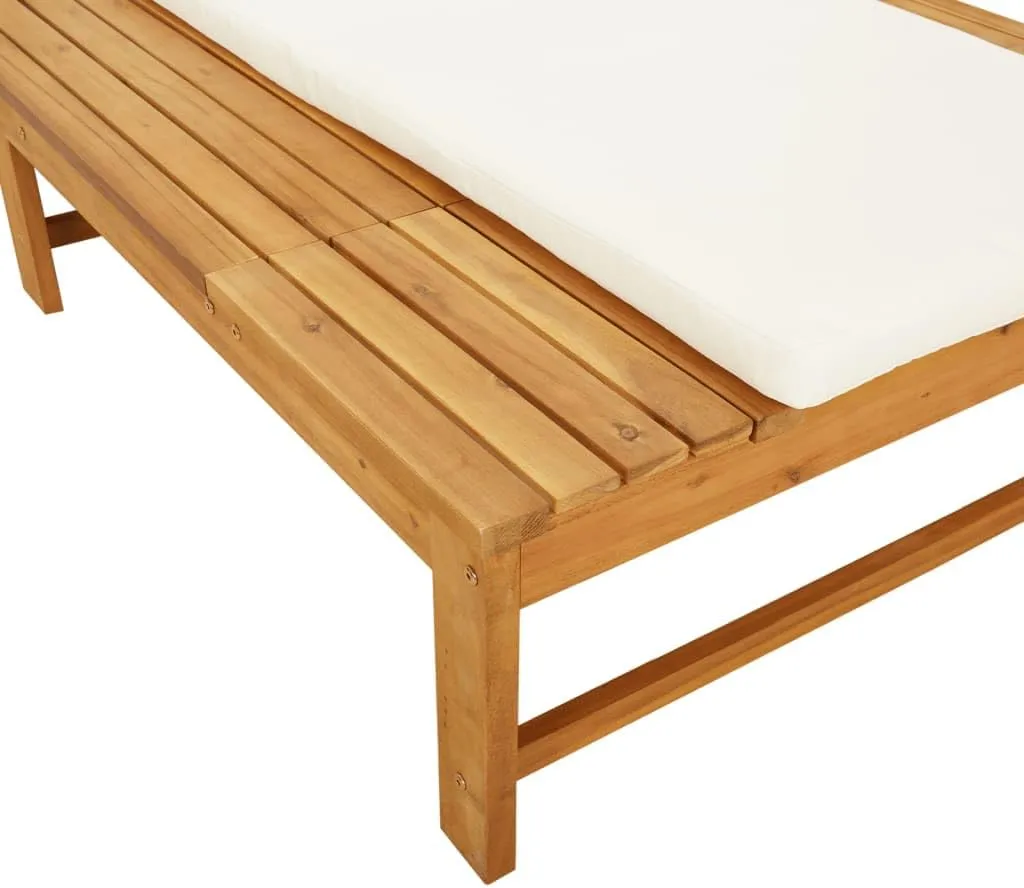 Sun Lounger with Cream White Cushion and Pillow Solid Wood Acaciapatio Recliner Camping Chairs Tanning chairSuitable for Garden Courtyard