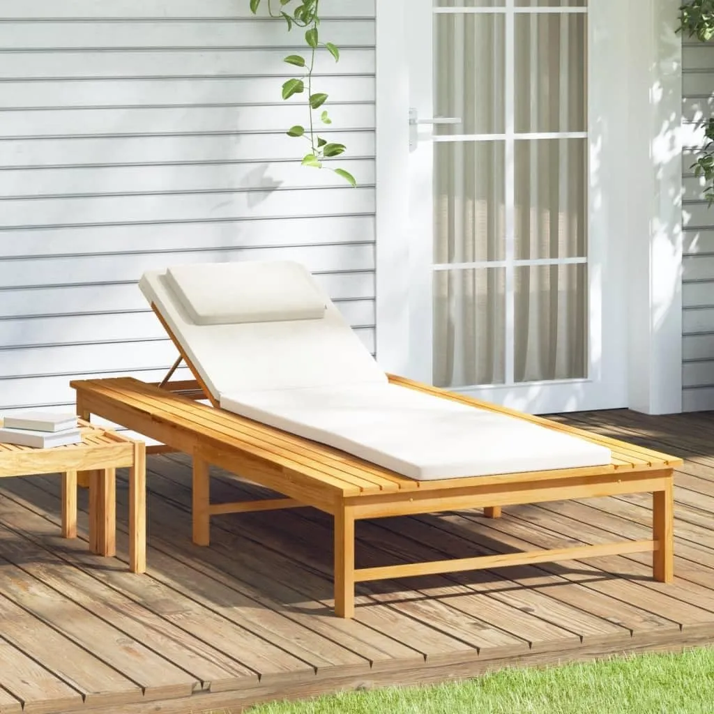 Sun Lounger with Cream White Cushion and Pillow Solid Wood Acaciapatio Recliner Camping Chairs Tanning chairSuitable for Garden Courtyard