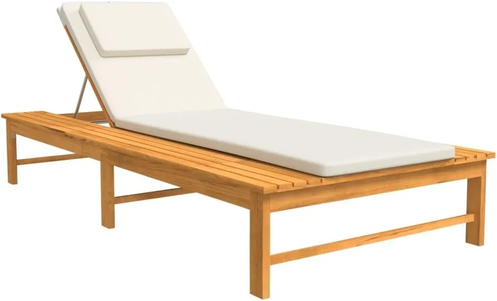 Sun Lounger with Cream White Cushion and Pillow Solid Wood Acaciapatio Recliner Camping Chairs Tanning chairSuitable for Garden Courtyard