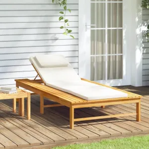 Sun Lounger with Cream White Cushion and Pillow Solid Wood Acaciapatio Recliner Camping Chairs Tanning chairSuitable for Garden Courtyard