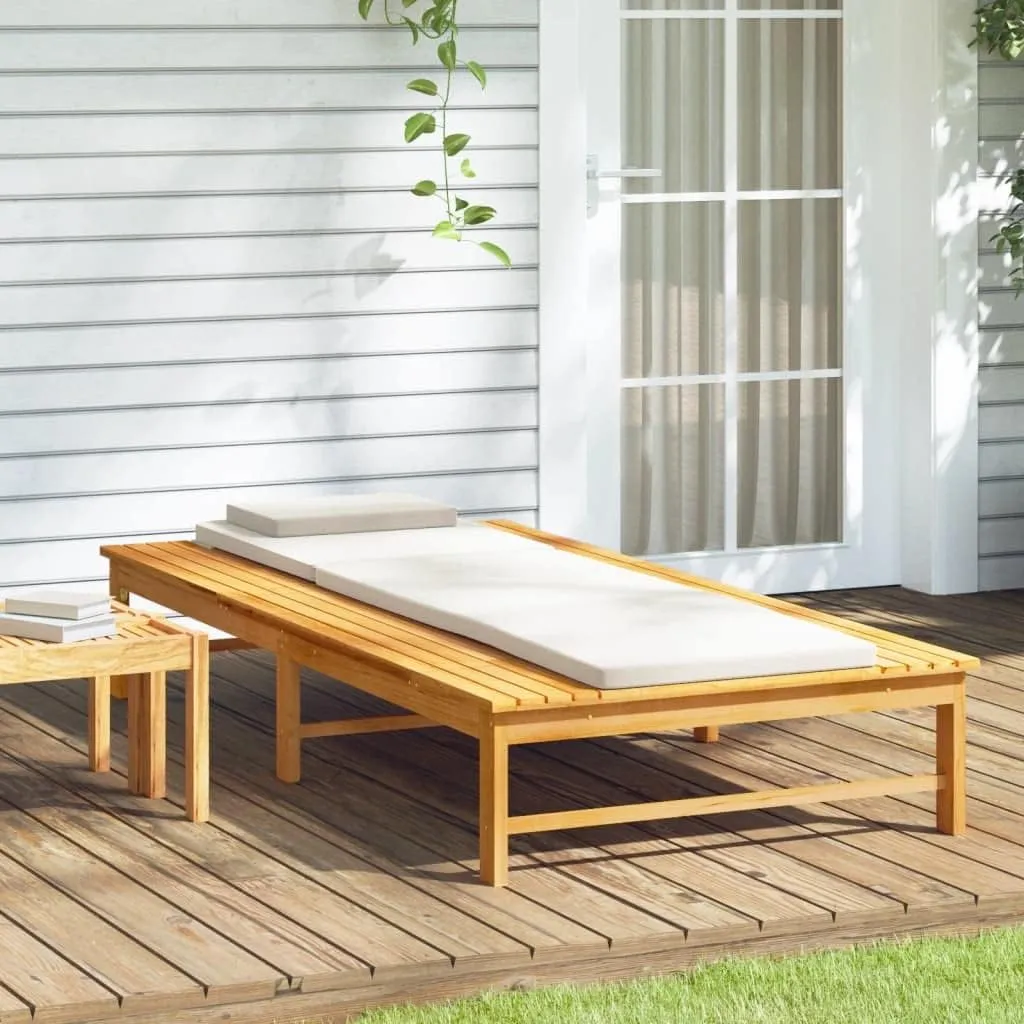 Sun Lounger with Cream White Cushion and Pillow Solid Wood Acaciapatio Recliner Camping Chairs Tanning chairSuitable for Garden Courtyard