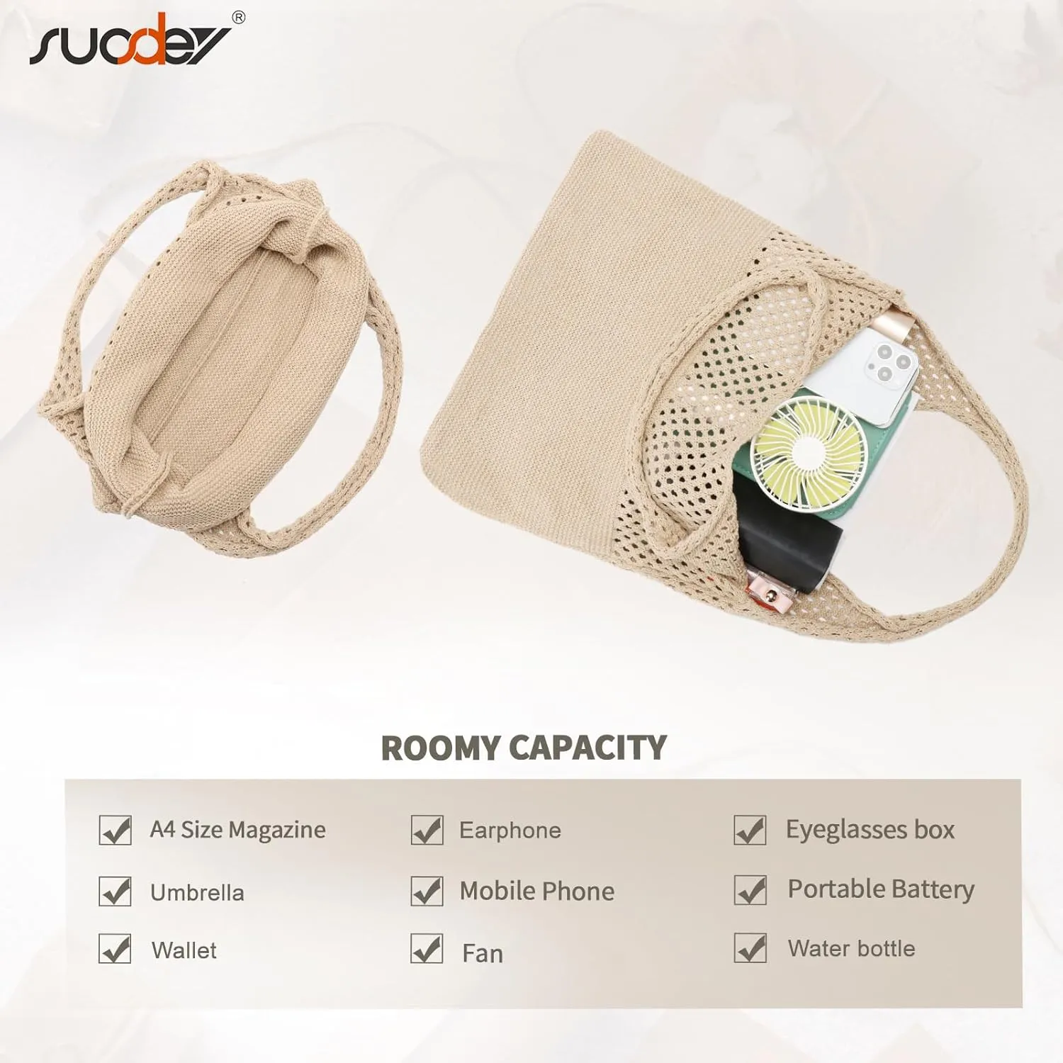 SUOSDEY Crochet Mesh Beach Tote Bag, Knit Summer Vacation Aesthetic Boho Tote Bag for Women