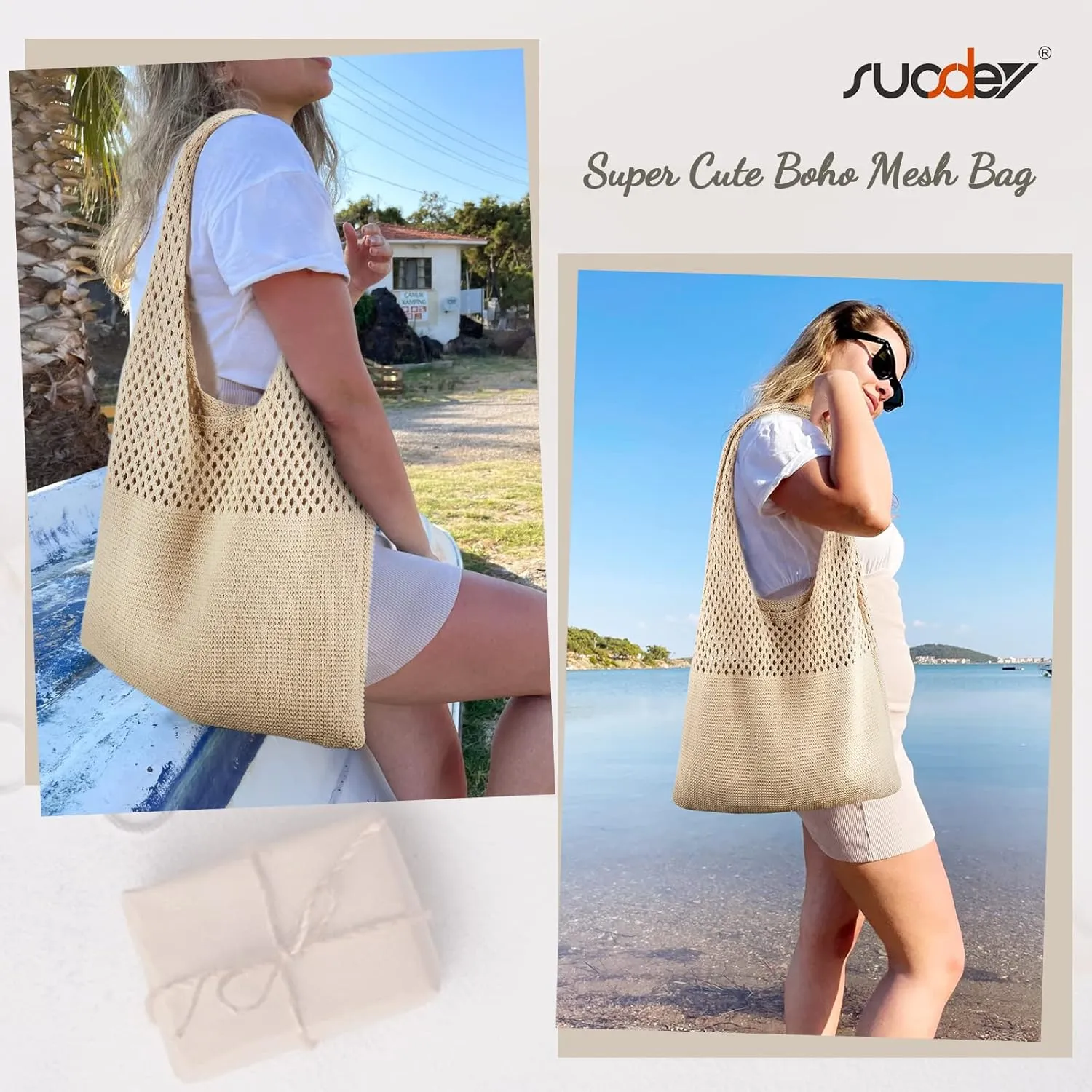 SUOSDEY Crochet Mesh Beach Tote Bag, Knit Summer Vacation Aesthetic Boho Tote Bag for Women