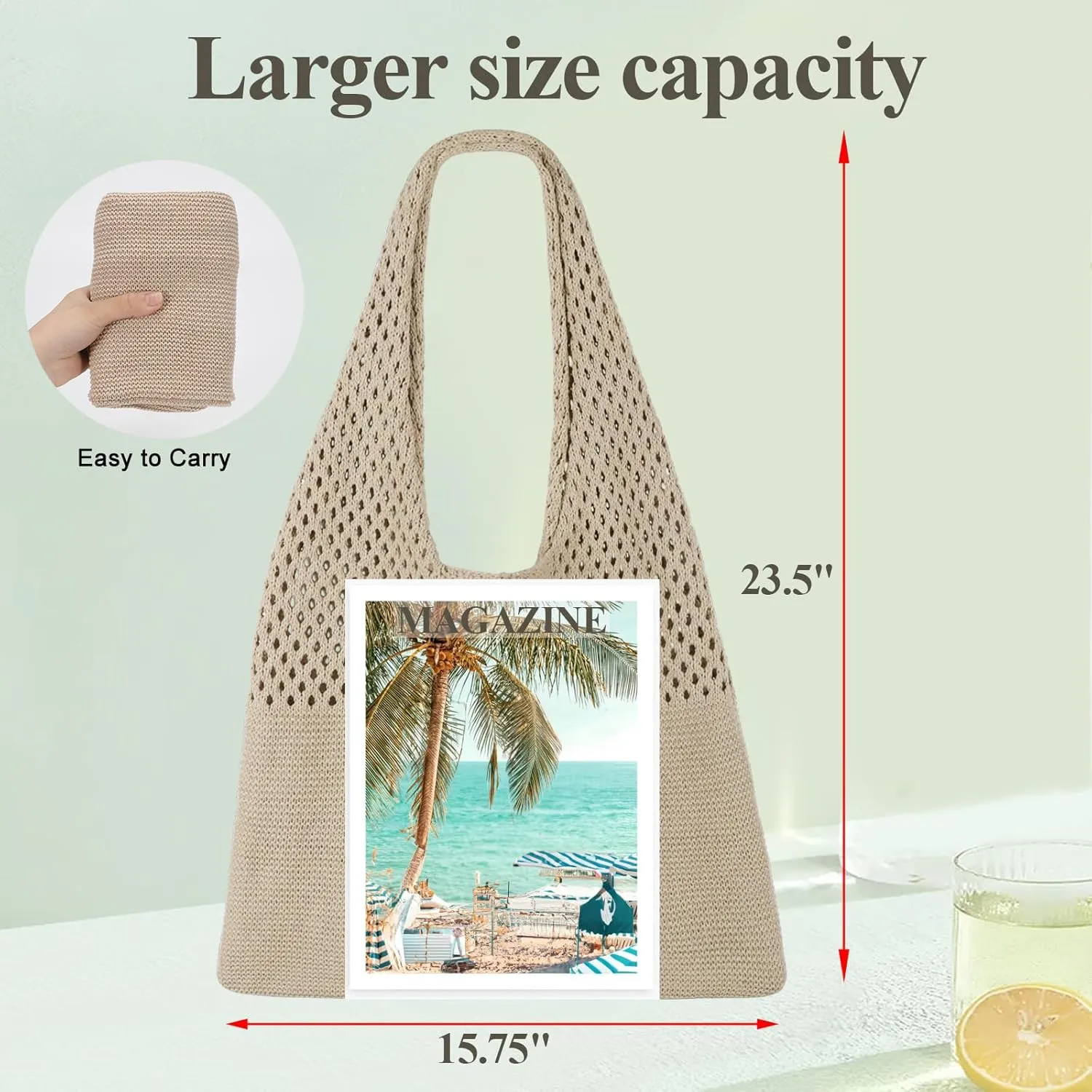SUOSDEY Crochet Mesh Beach Tote Bag, Knit Summer Vacation Aesthetic Boho Tote Bag for Women