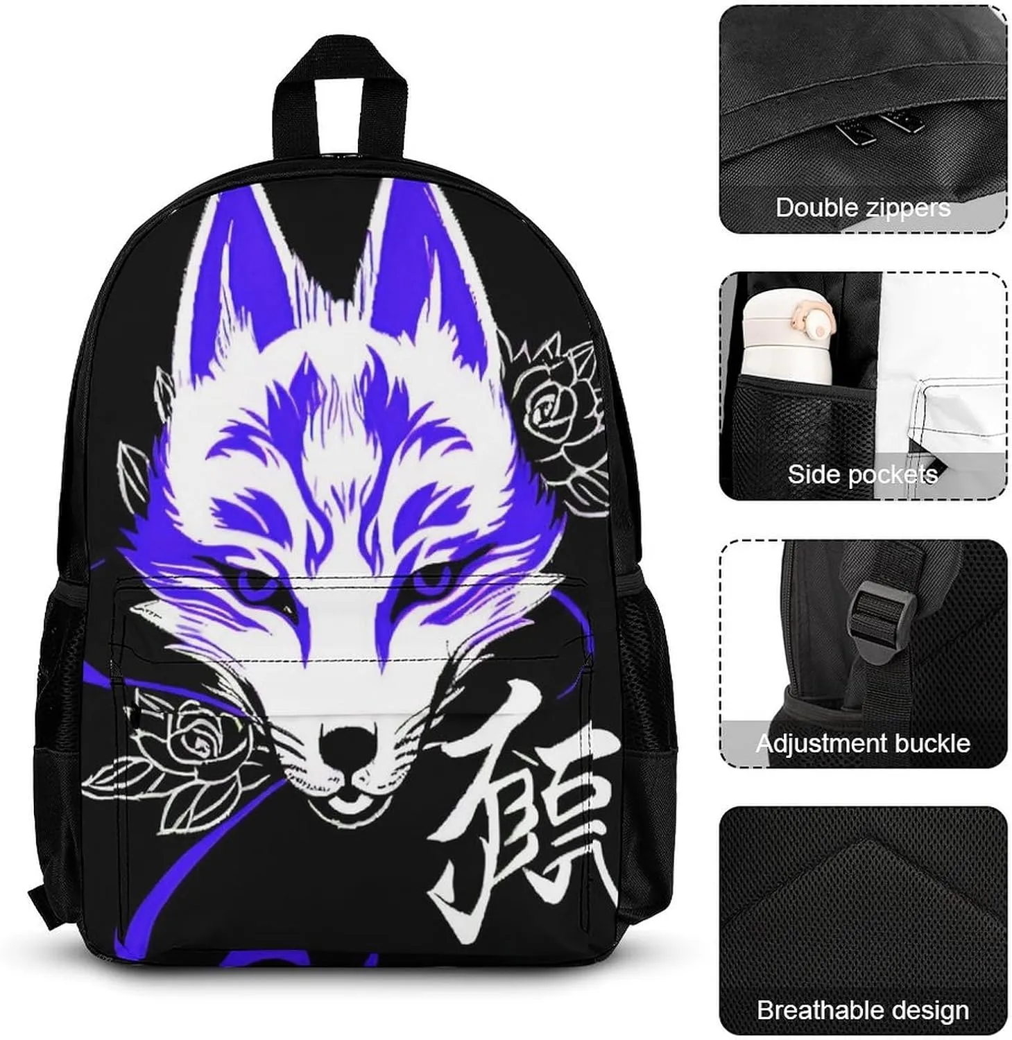 Supdreamc 3 Piece Set Japanese Kitsune Mask Art Backpack Bag Bookbag with Lunch Box And Pencil Case Set for Adult - One size